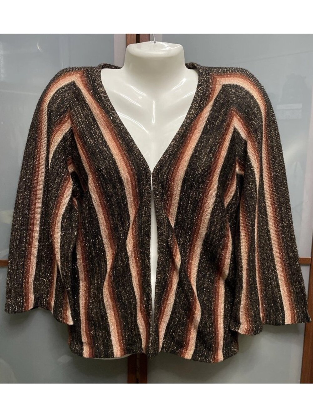 Kitty Hawk Vintage 70s Bell Sleeve Cardigan Knit Metallic Striped Sweater Boho